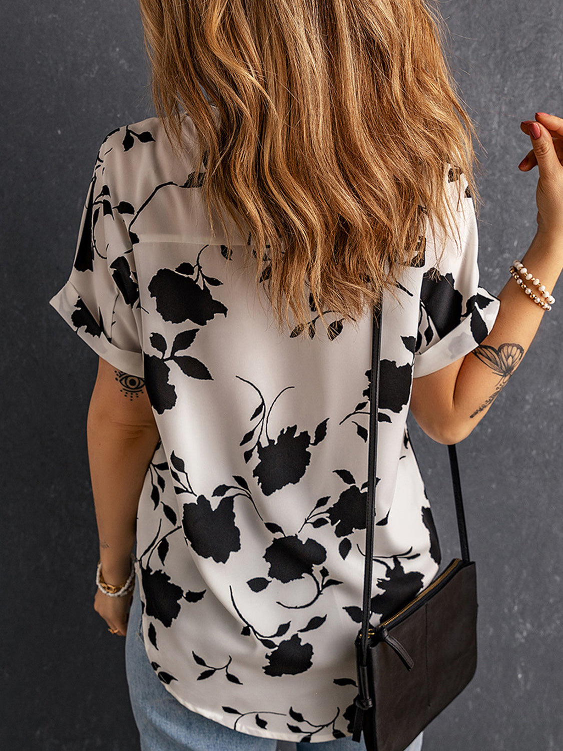 Full Size Printed Notched Short Sleeve Blouse