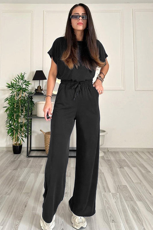 Round Neck Short Sleeve Top and Drawstring Pants Set