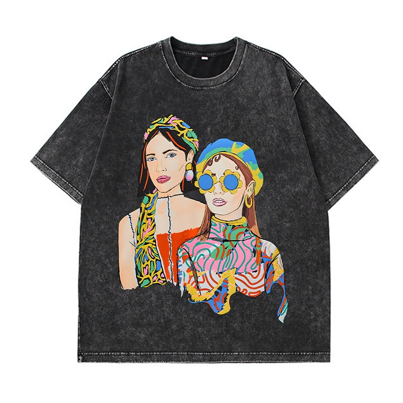 Vintage Print Wash T-shirts - Luna Haru