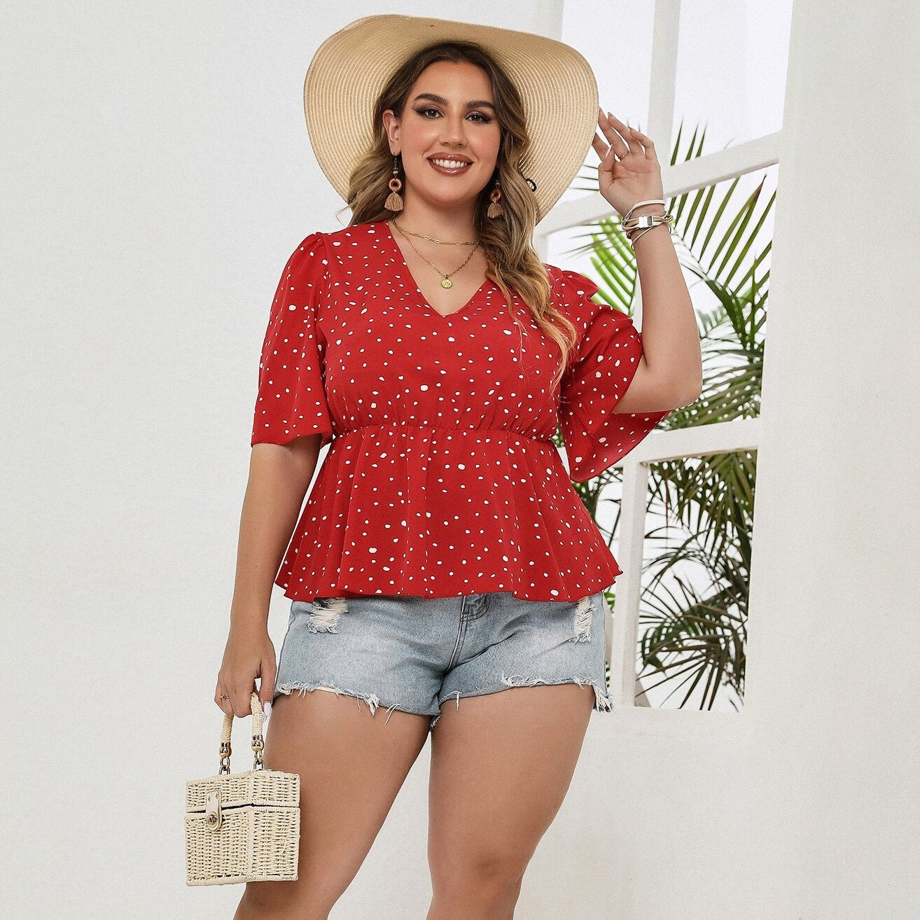 Red Floral Print Peplum T-shirt - Luna Haru