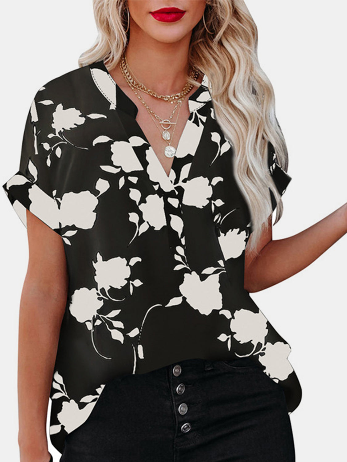 Full Size Printed Notched Short Sleeve Blouse