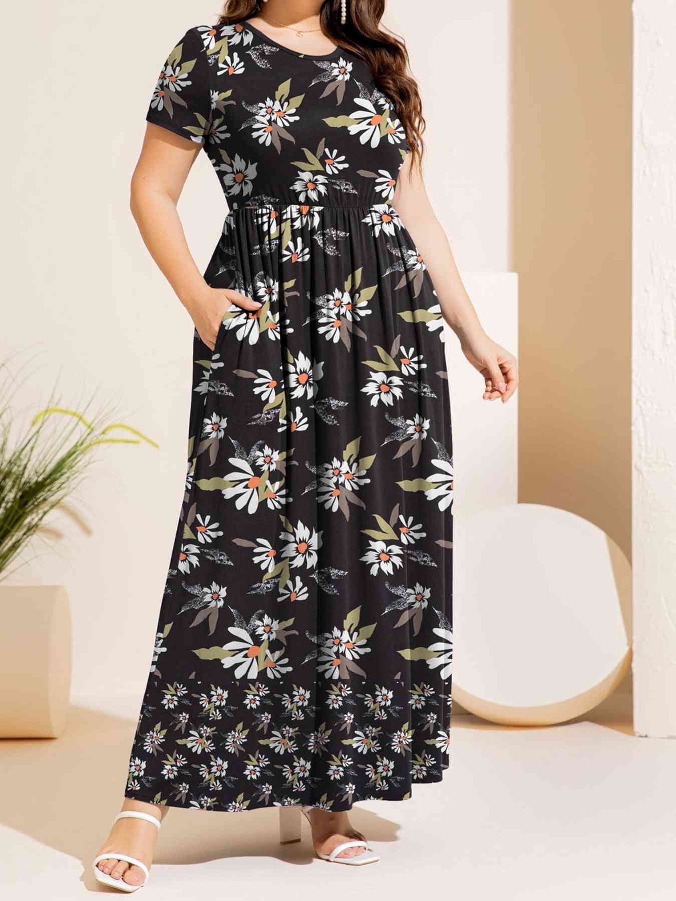 Plus Size Printed Round Neck Short Sleeve Maxi Dress - Luna Haru