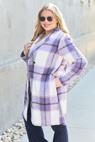 Double Take Full Size Plaid Button Up Lapel Collar Coat - Luna Haru