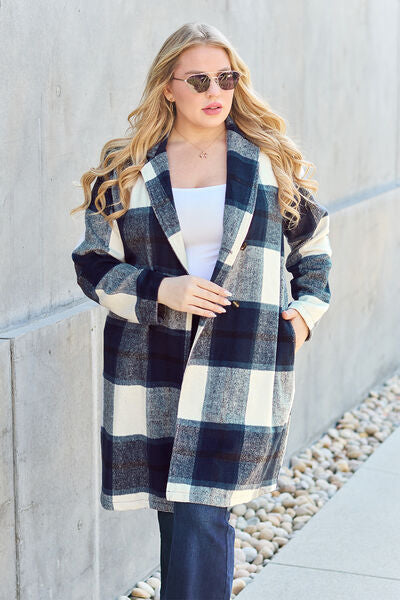 Double Take Full Size Plaid Button Up Lapel Collar Coat - Luna Haru