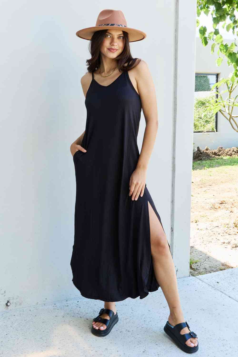 Ninexis Good Energy Full Size Cami Side Slit Maxi Dress in Black - Luna Haru