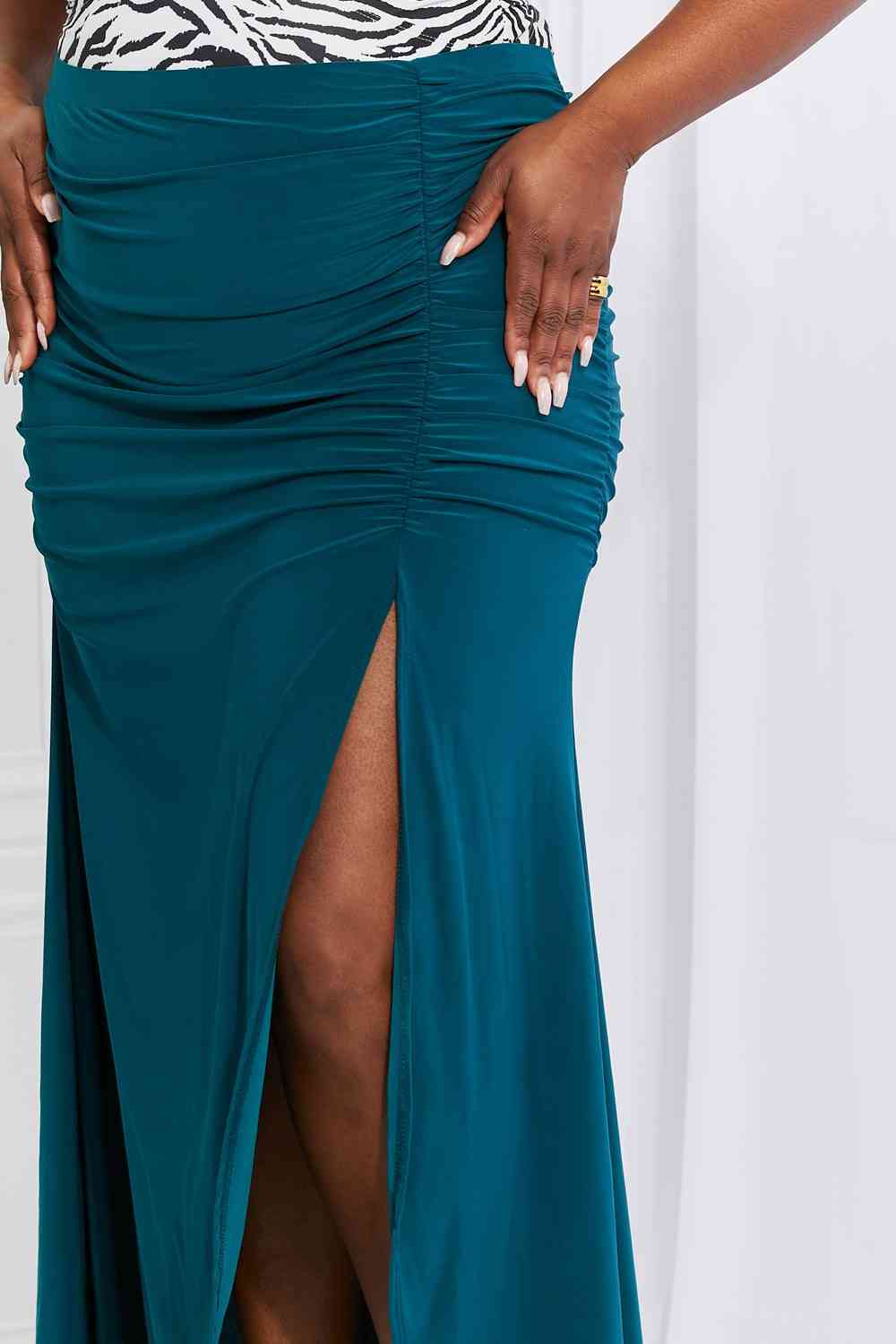 White Birch Full Size Up and Up Ruched Slit Maxi Skirt in Teal - Luna Haru