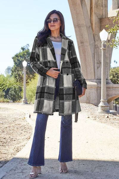 Double Take Full Size Plaid Button Up Lapel Collar Coat - Luna Haru