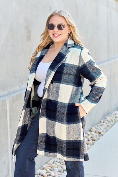 Double Take Full Size Plaid Button Up Lapel Collar Coat - Luna Haru