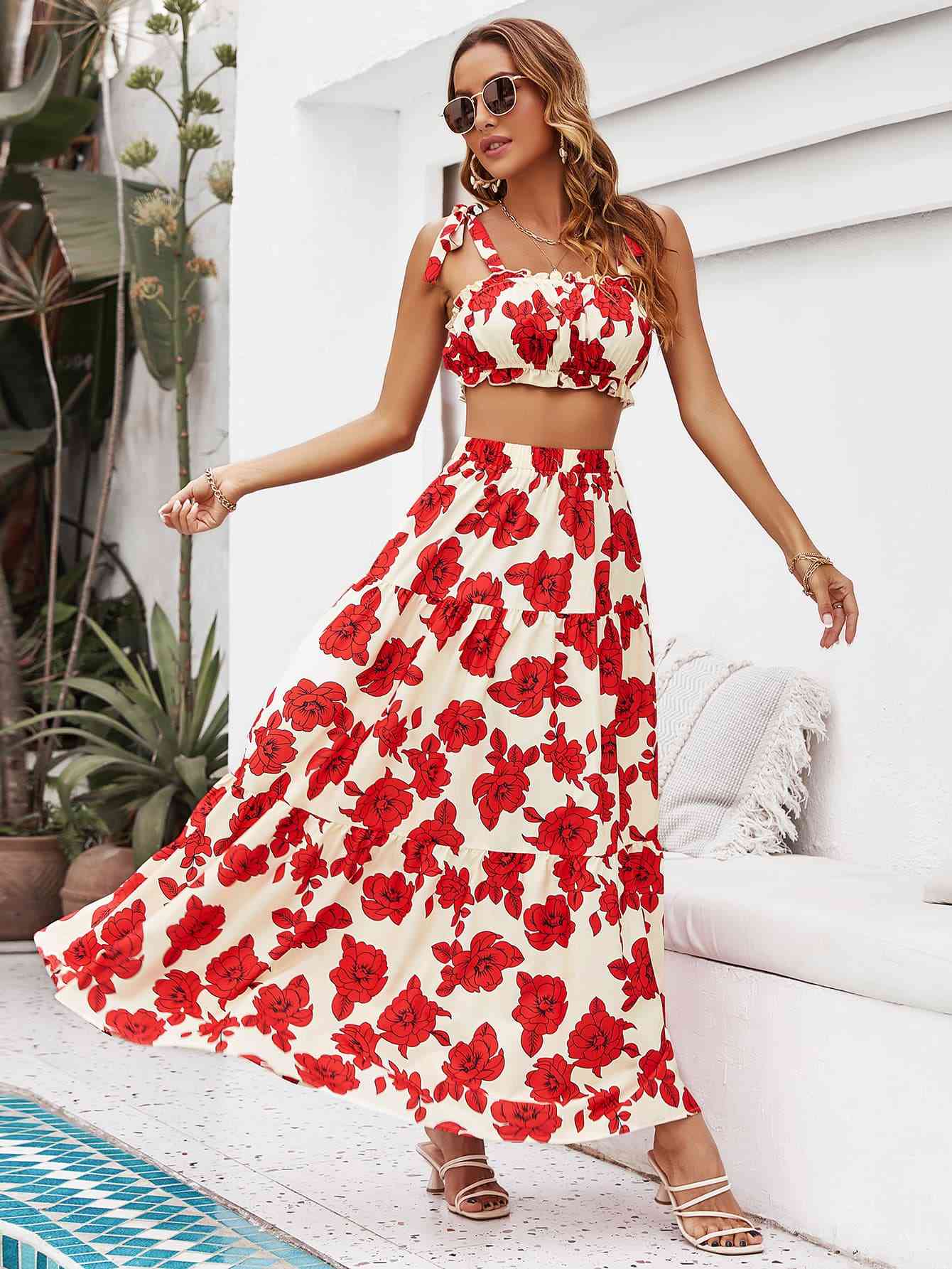 Floral Tie Shoulder Top and Tiered Maxi Skirt Set - Luna Haru