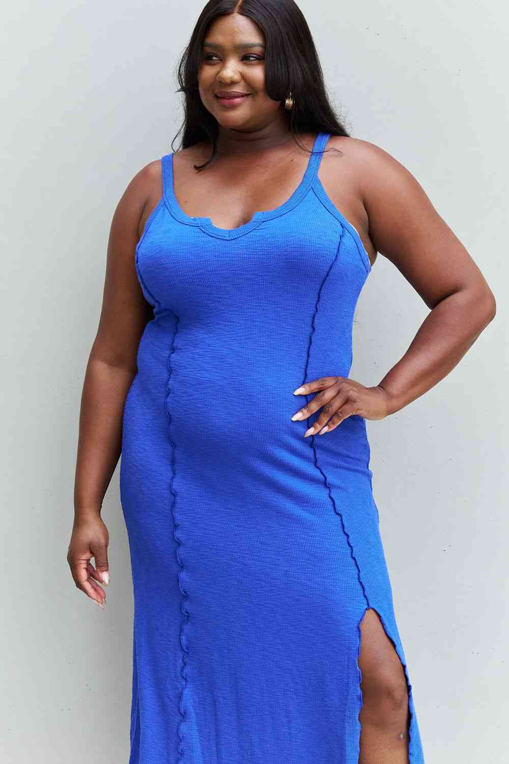 Culture Code Look At Me Full Size Notch Neck Maxi Dress with Slit in Cobalt Blue - Luna Haru