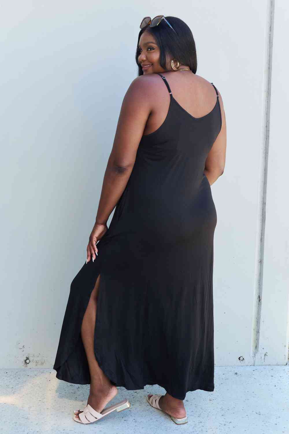 Ninexis Good Energy Full Size Cami Side Slit Maxi Dress in Black - Luna Haru