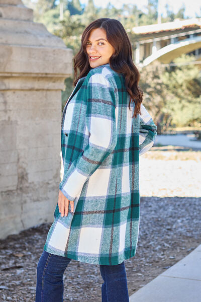 Double Take Full Size Plaid Button Up Lapel Collar Coat - Luna Haru