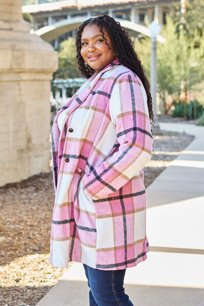 Double Take Full Size Plaid Button Up Lapel Collar Coat - Luna Haru