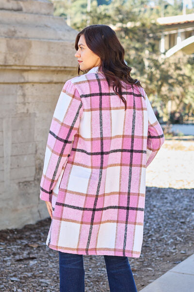 Double Take Full Size Plaid Button Up Lapel Collar Coat - Luna Haru