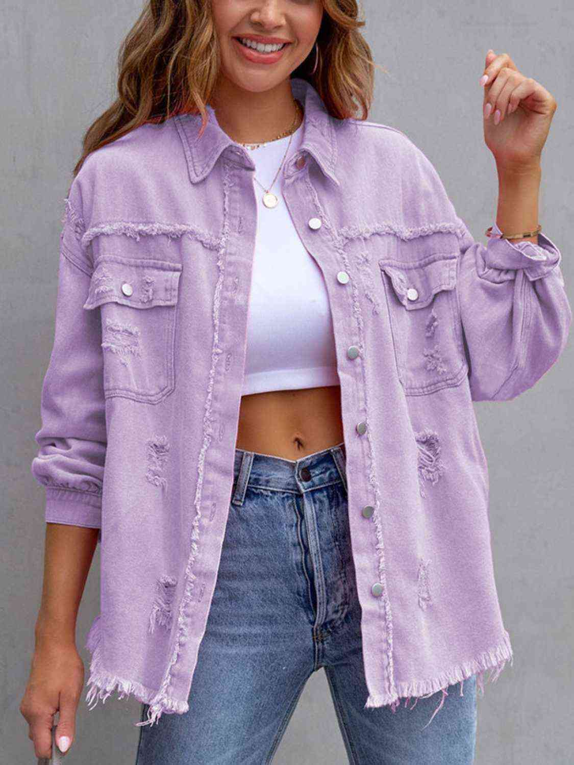 Distressed Drop Shoulder Denim Jacket - Luna Haru