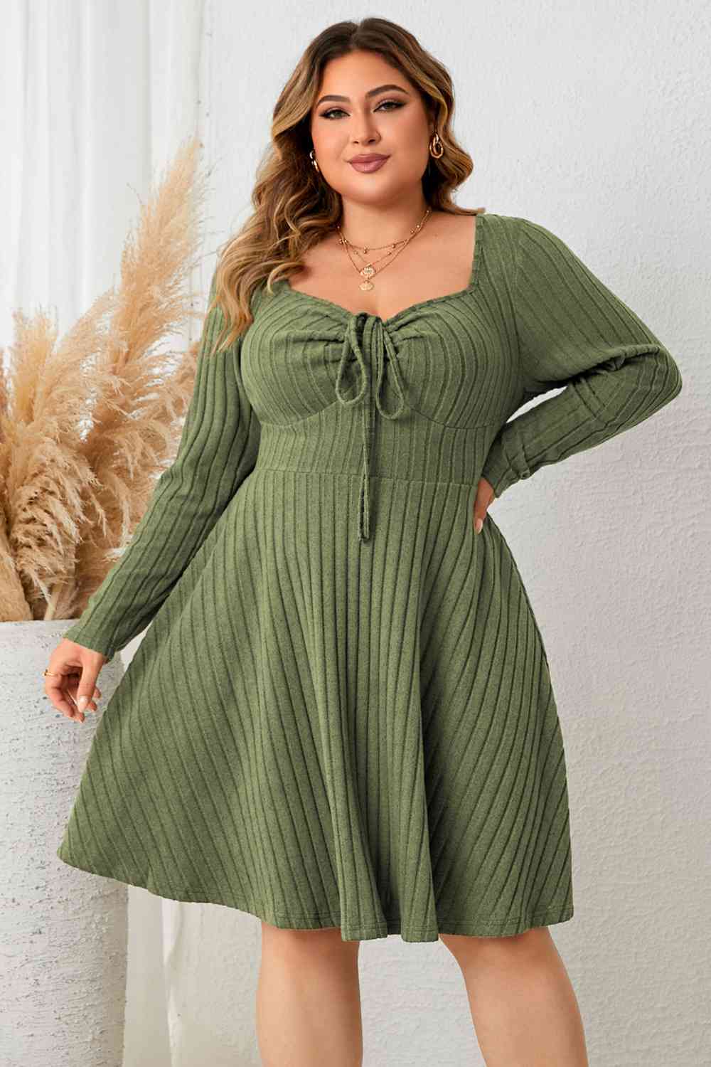 Plus Size Sweetheart Neck Long Sleeve Ribbed Dress - Luna Haru