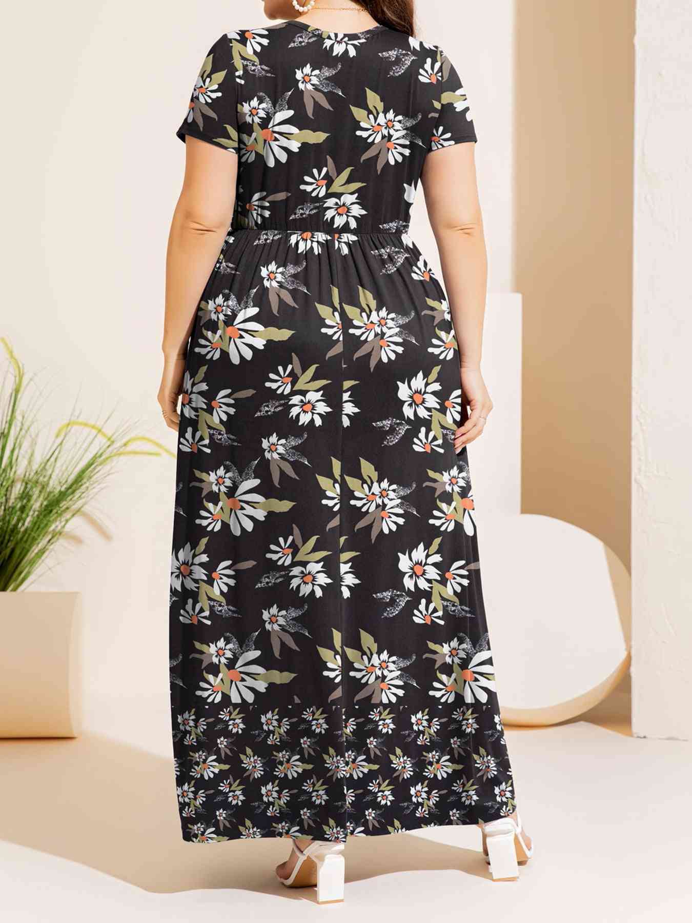 Plus Size Printed Round Neck Short Sleeve Maxi Dress - Luna Haru