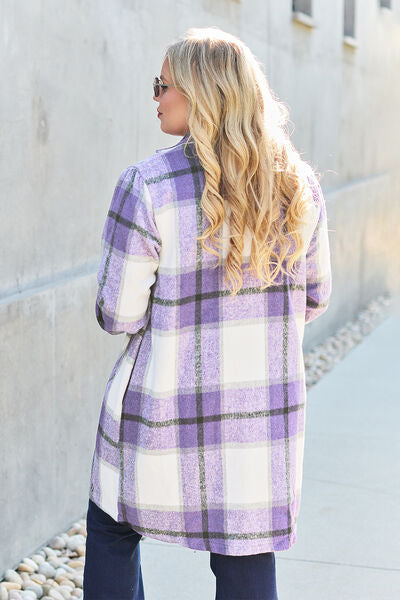 Double Take Full Size Plaid Button Up Lapel Collar Coat - Luna Haru