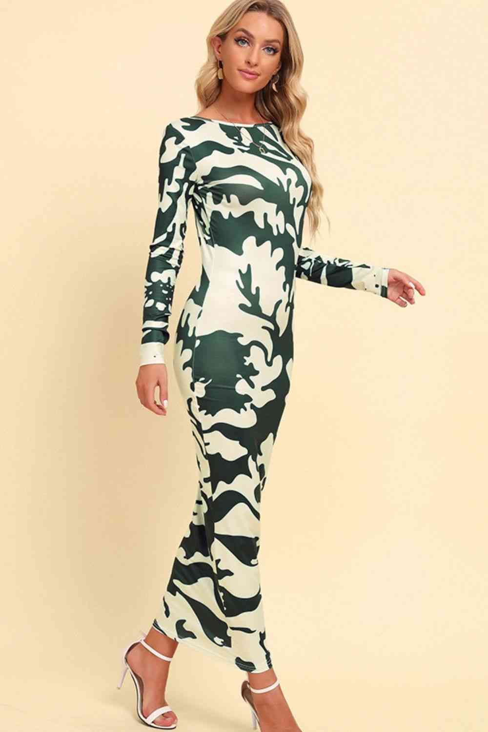 Printed Backless Long Sleeve Maxi Dress - Luna Haru