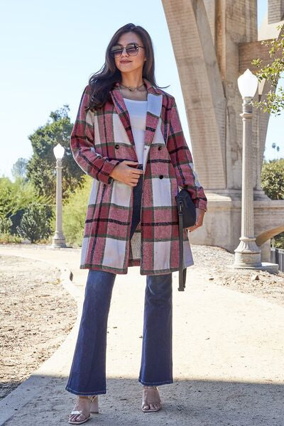 Double Take Full Size Plaid Button Up Lapel Collar Coat - Luna Haru