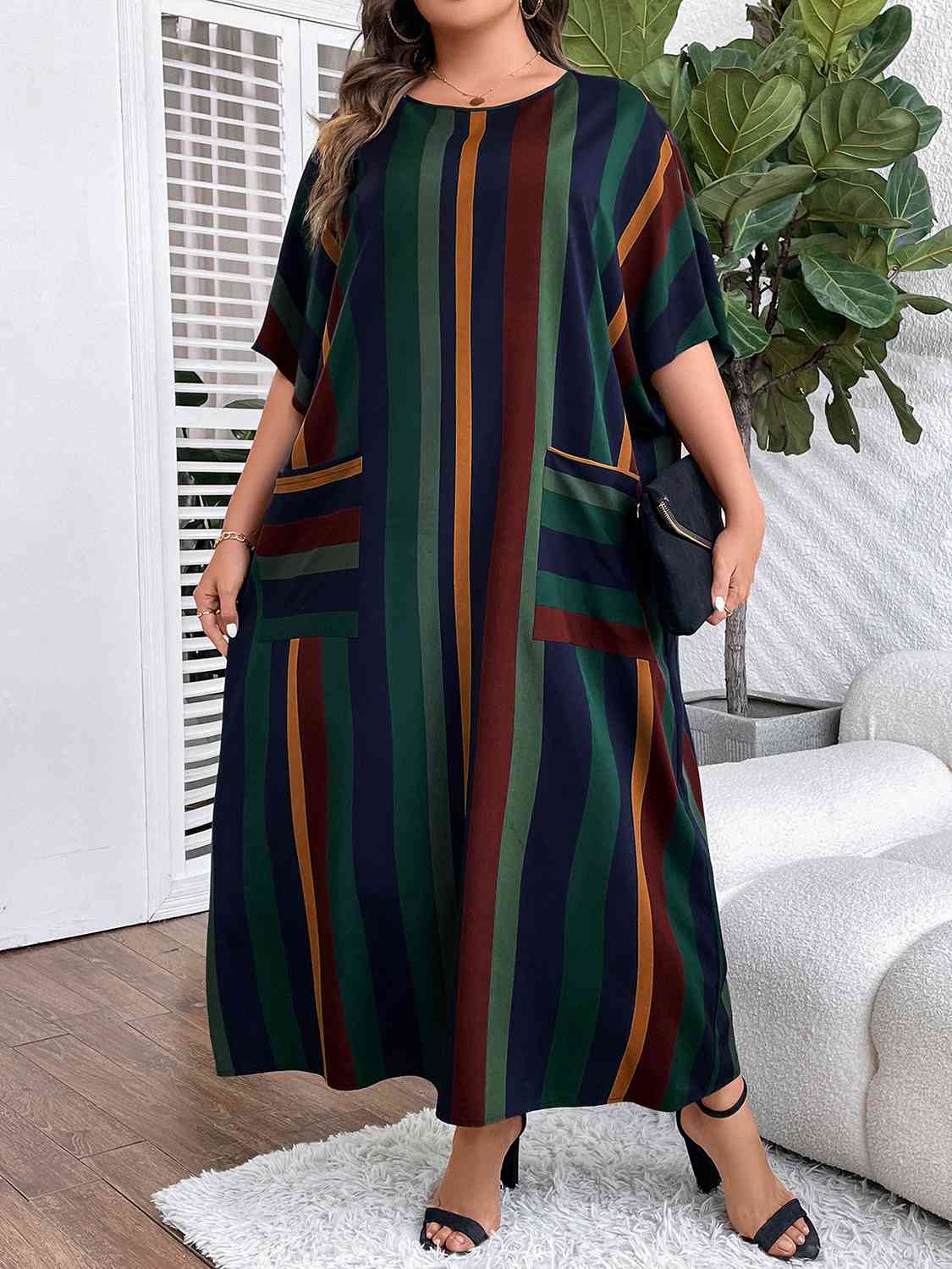 Plus Size Striped Maxi Dress with Pockets - Luna Haru