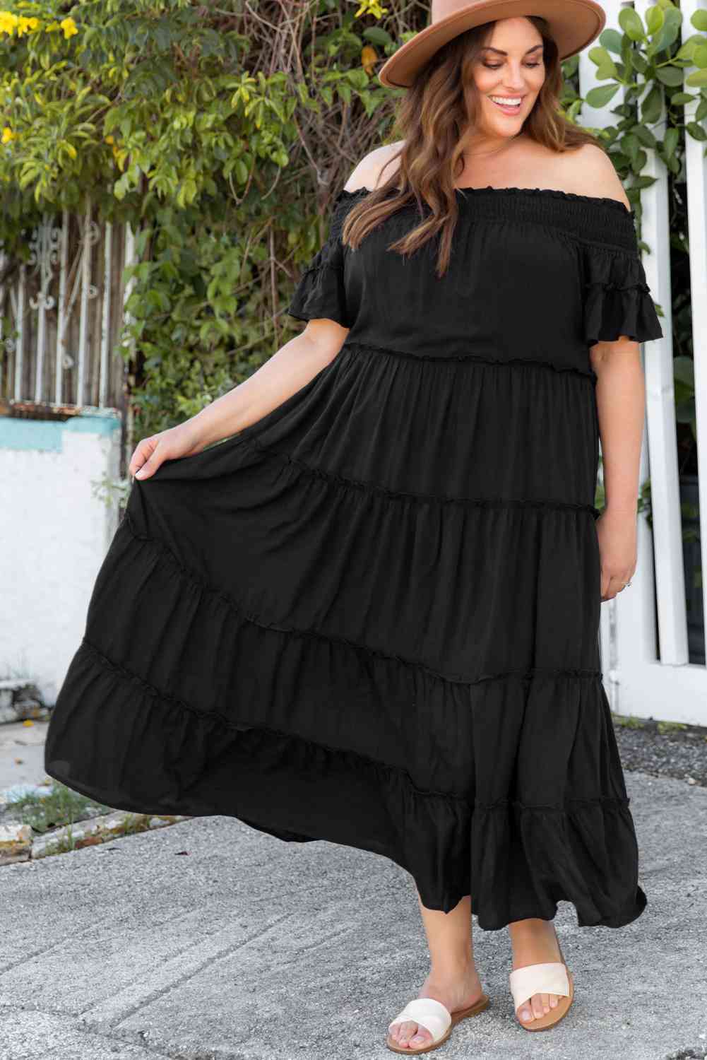 Plus Size Off-Shoulder Ruffle Trim Maxi Dress - Luna Haru