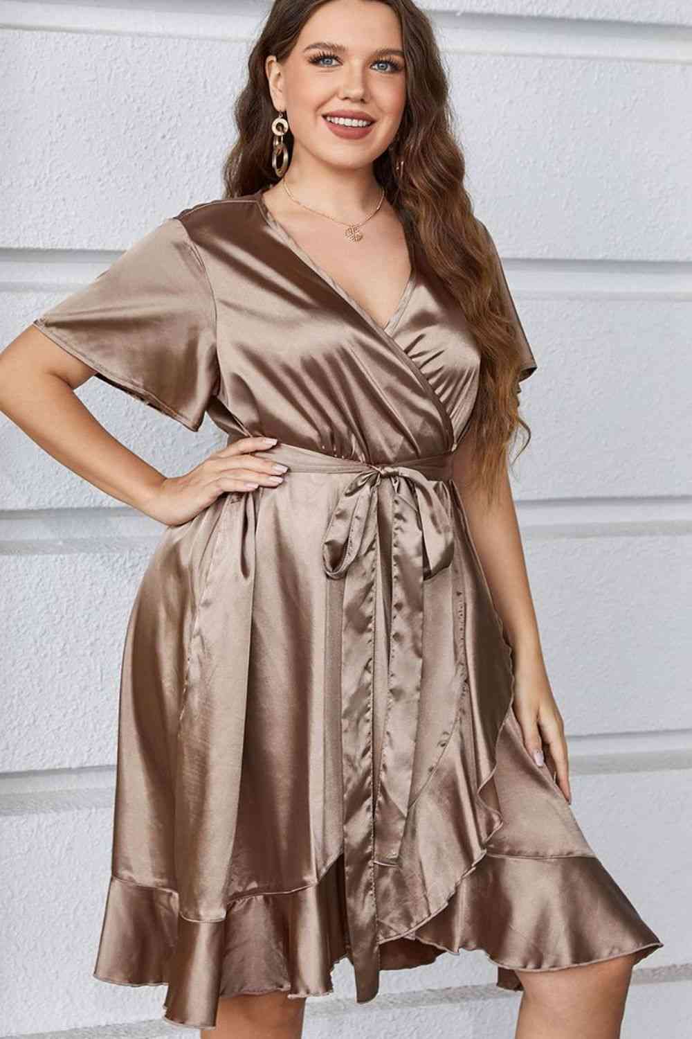 Plus Size Belted Ruffled Surplice Dress - Luna Haru