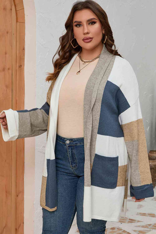 Plus Size Color Block Long Sleeve Cardigan - Luna Haru