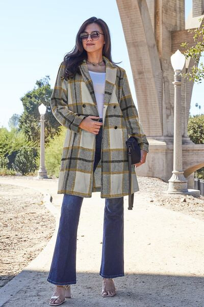 Double Take Full Size Plaid Button Up Lapel Collar Coat - Luna Haru