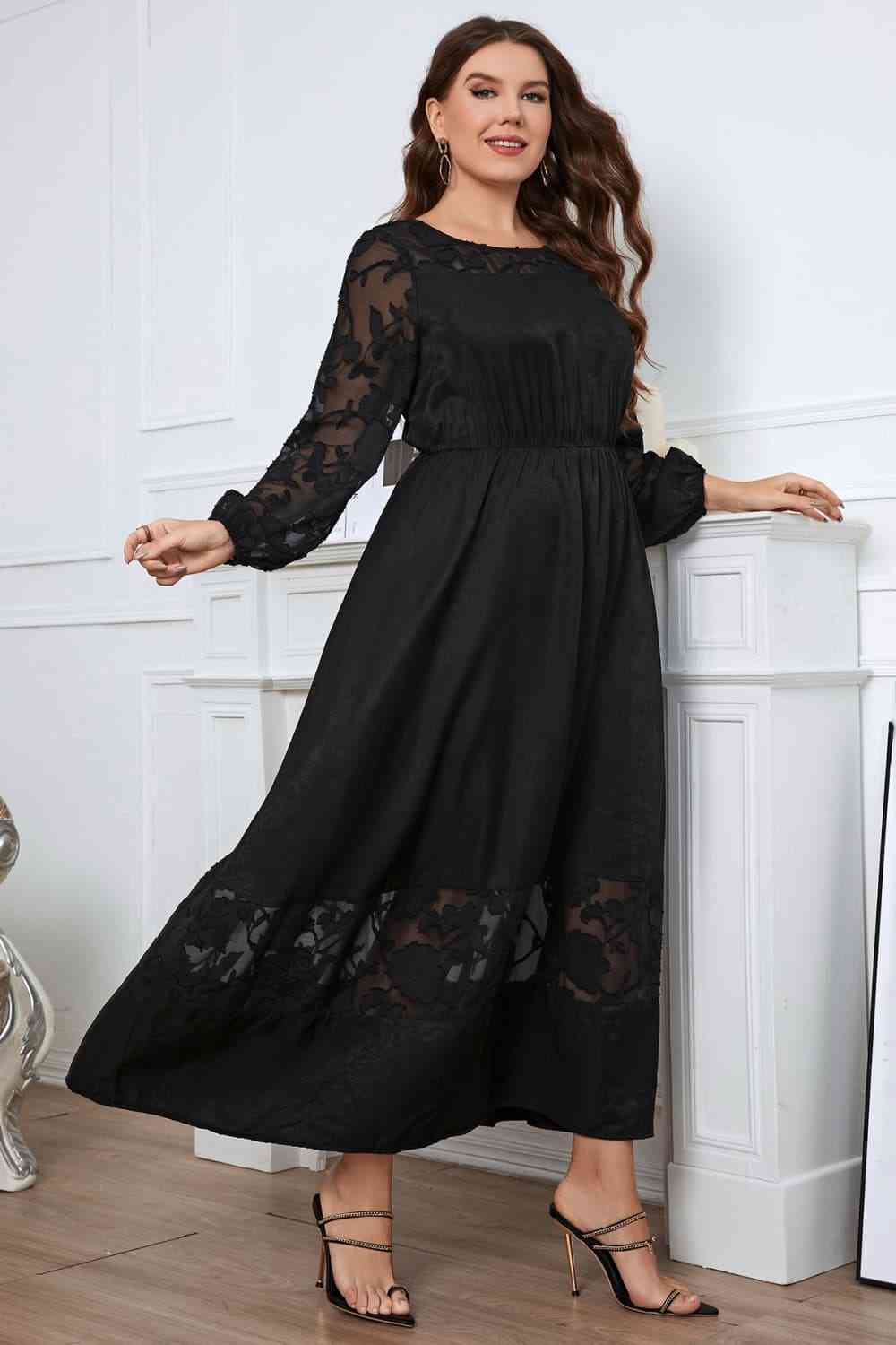 Melo Apparel Plus Size Embroidery Round Neck Long Sleeve Maxi Dress - Luna Haru