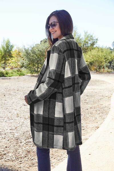 Double Take Full Size Plaid Button Up Lapel Collar Coat - Luna Haru