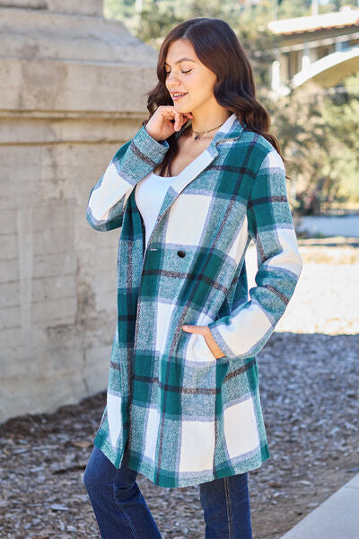 Double Take Full Size Plaid Button Up Lapel Collar Coat - Luna Haru