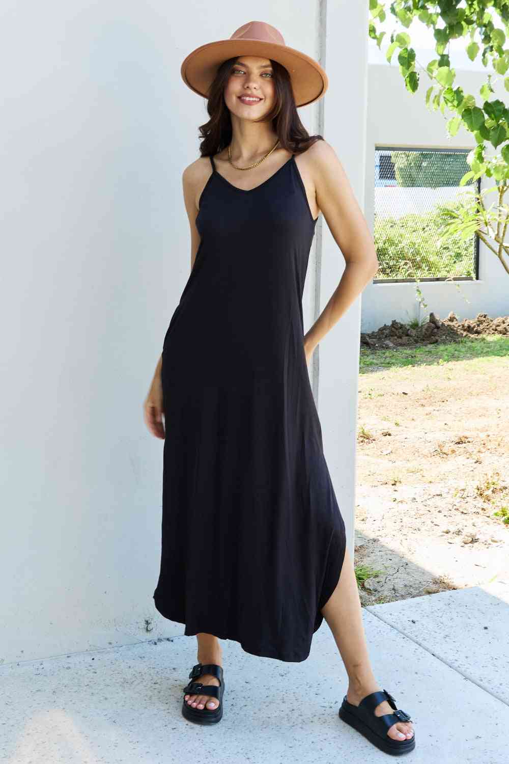 Ninexis Good Energy Full Size Cami Side Slit Maxi Dress in Black - Luna Haru