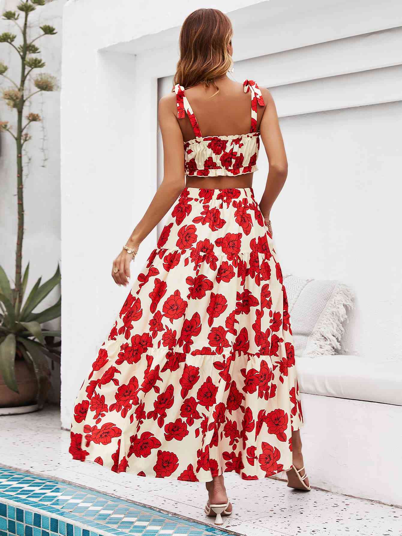 Floral Tie Shoulder Top and Tiered Maxi Skirt Set - Luna Haru