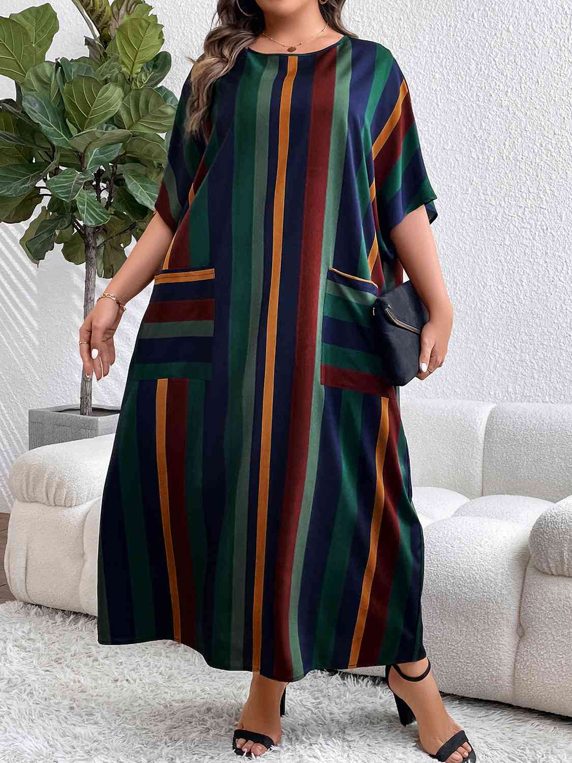 Plus Size Striped Maxi Dress with Pockets - Luna Haru