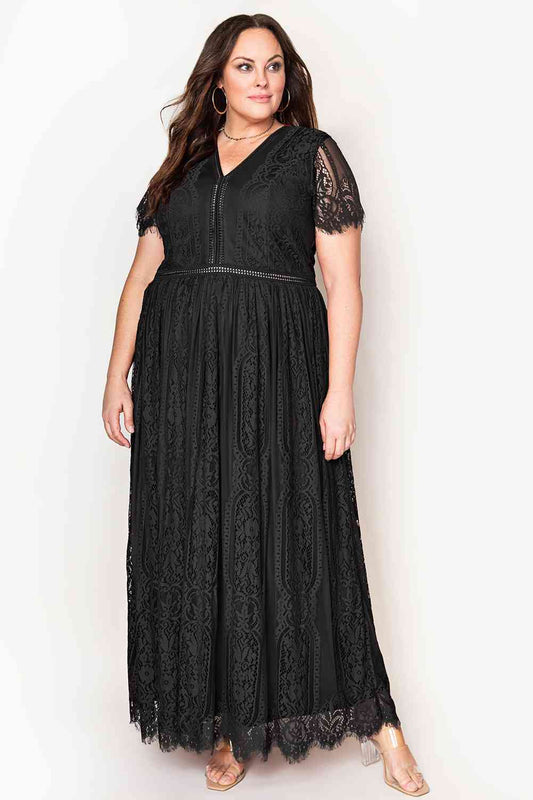 V-Neck Short Sleeve Lace Maxi Dress - Luna Haru