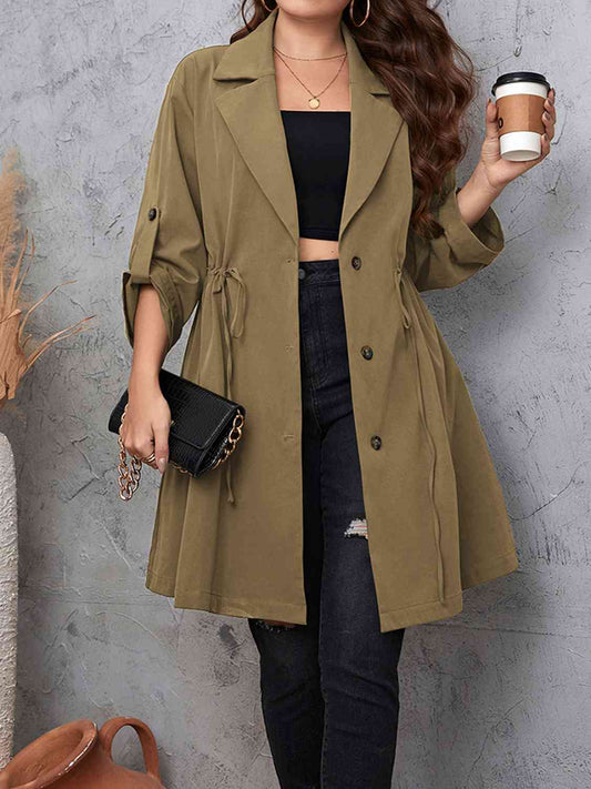 Plus Size Lapel Collar Drawstring Roll-Tab Sleeve Trench Coat - Luna Haru