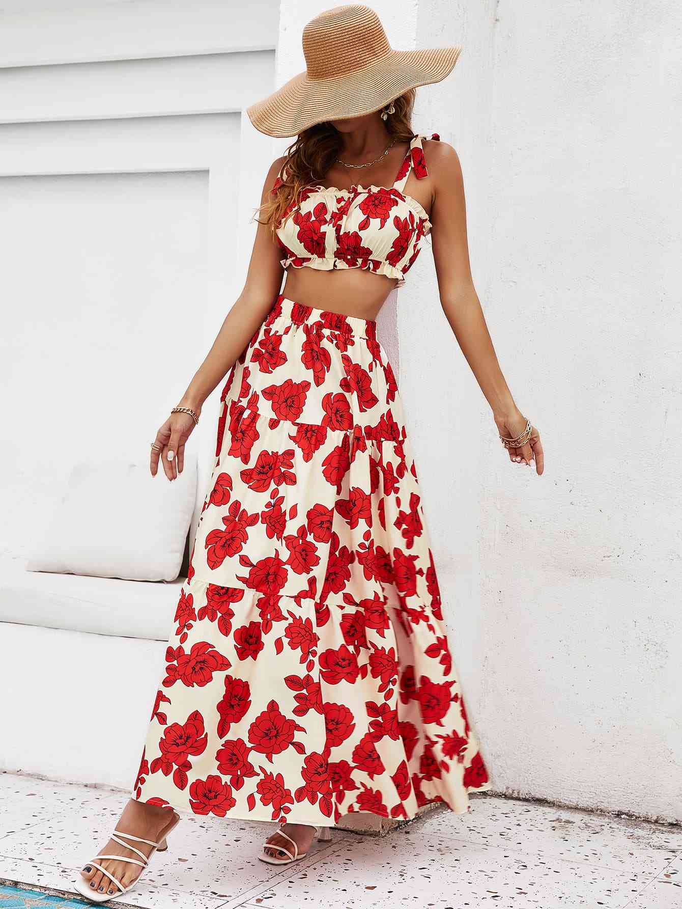 Floral Tie Shoulder Top and Tiered Maxi Skirt Set - Luna Haru