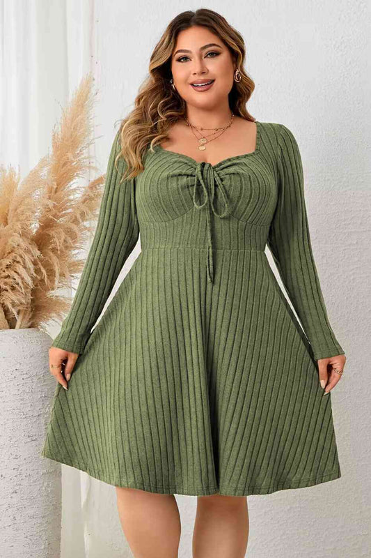 Plus Size Sweetheart Neck Long Sleeve Ribbed Dress - Luna Haru