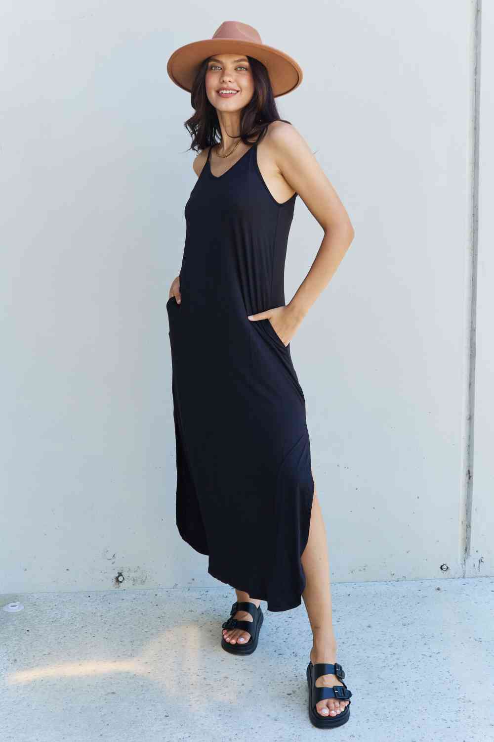 Ninexis Good Energy Full Size Cami Side Slit Maxi Dress in Black - Luna Haru