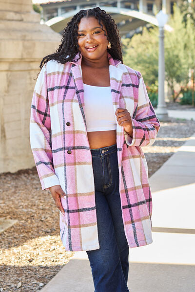 Double Take Full Size Plaid Button Up Lapel Collar Coat - Luna Haru