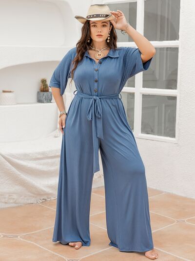 Plus Size Ribbed Half Button Tie-Waist Jumpsuit - Luna Haru