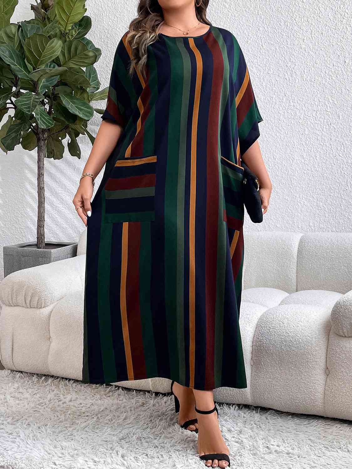 Plus Size Striped Maxi Dress with Pockets - Luna Haru