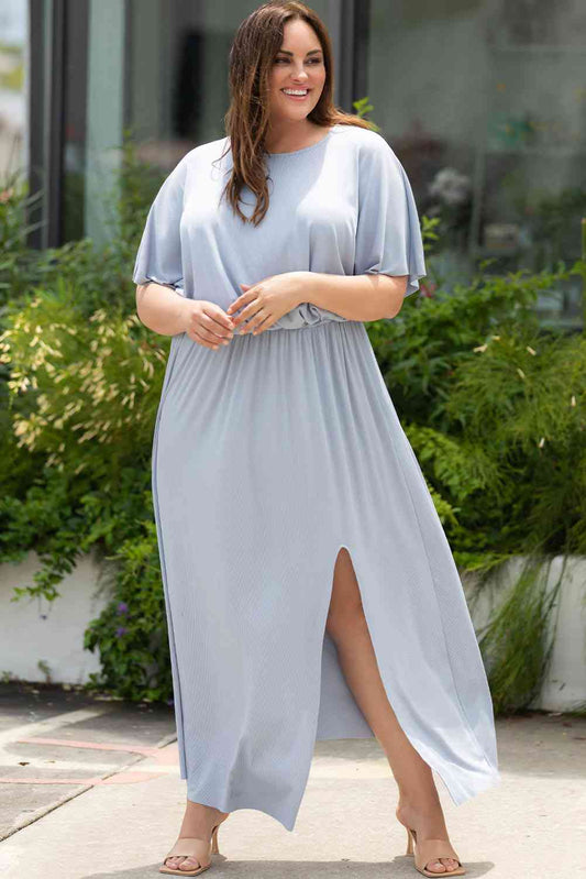 Plus Size Round Neck Split Flutter Sleeve Maxi Dress - Luna Haru