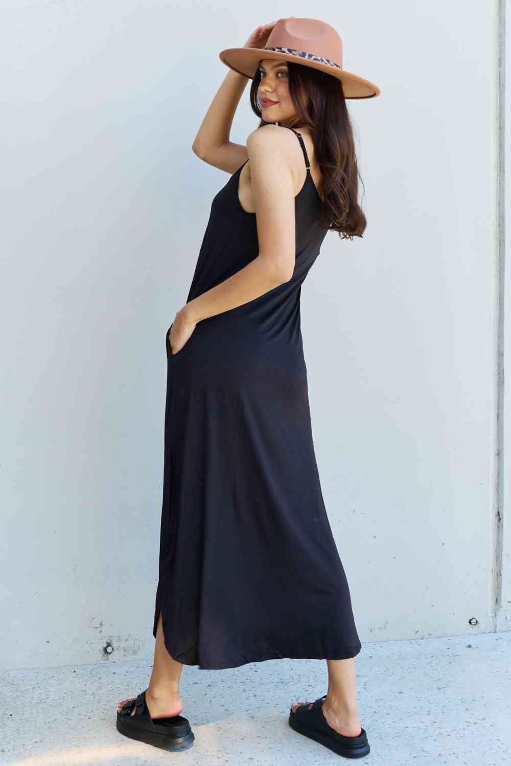 Ninexis Good Energy Full Size Cami Side Slit Maxi Dress in Black - Luna Haru