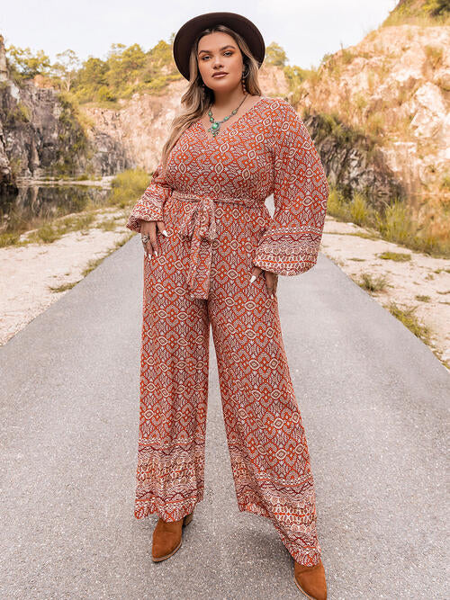 Plus Size Printed V-Neck Tie Front Balloon Sleeve Jumpsuit - Luna Haru