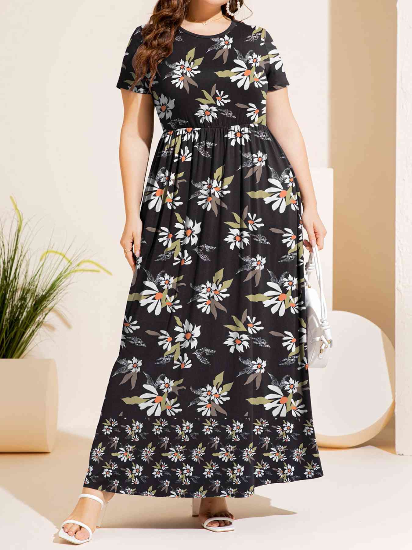 Plus Size Printed Round Neck Short Sleeve Maxi Dress - Luna Haru