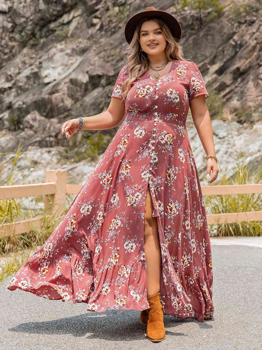 Plus Size Floral Slit Ruffle Hem Dress - Luna Haru