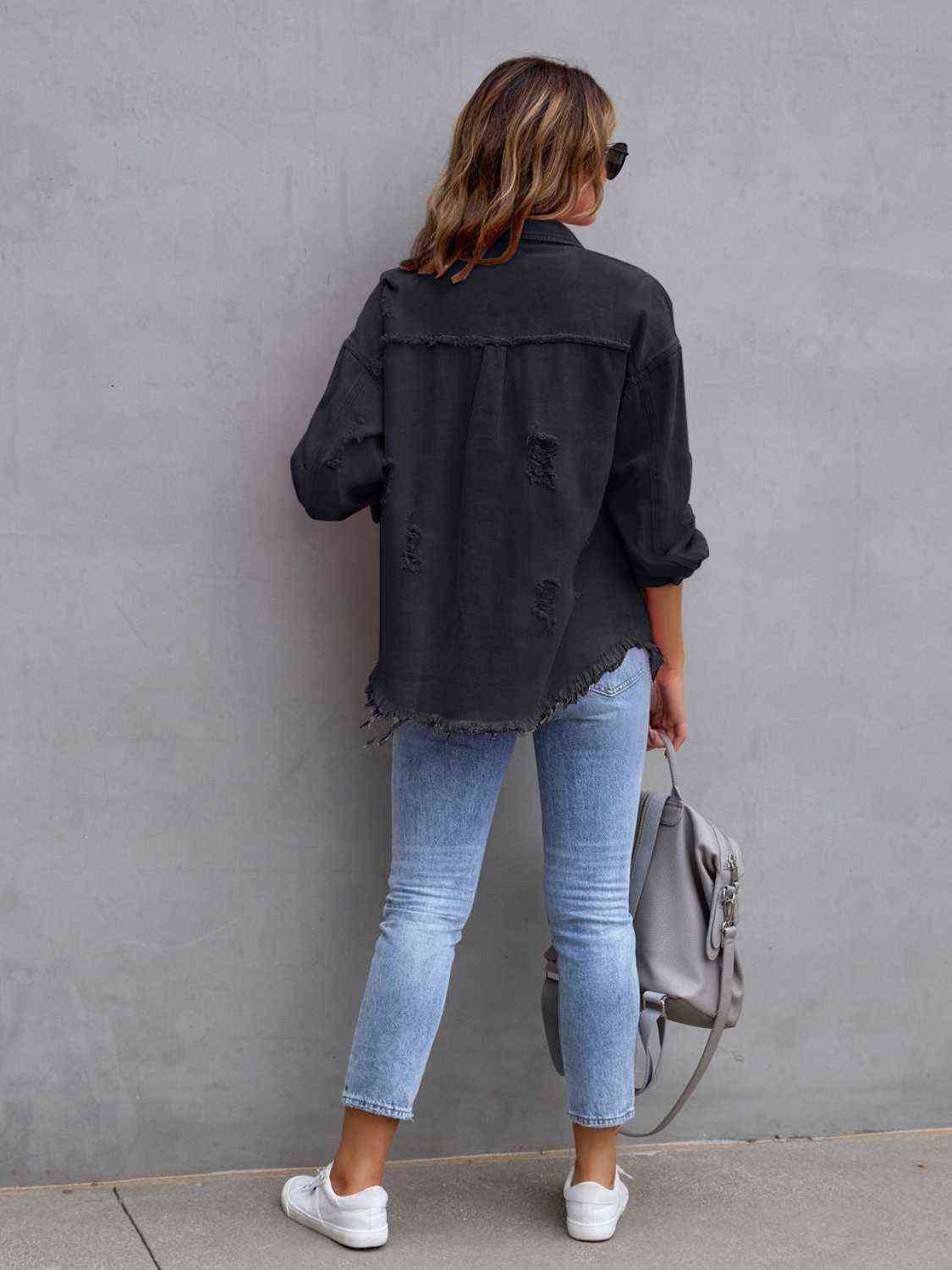 Distressed Drop Shoulder Denim Jacket - Luna Haru