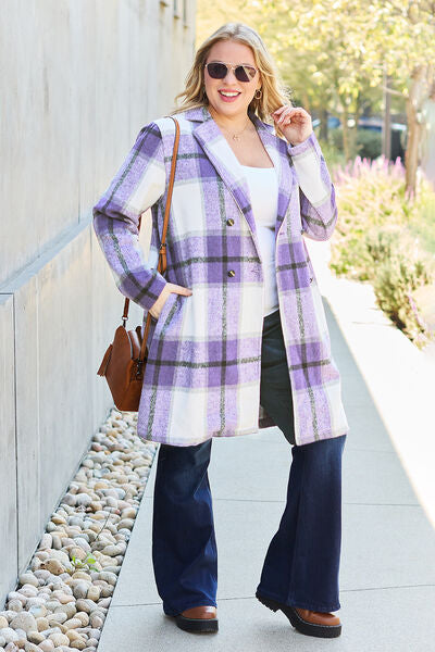 Double Take Full Size Plaid Button Up Lapel Collar Coat - Luna Haru